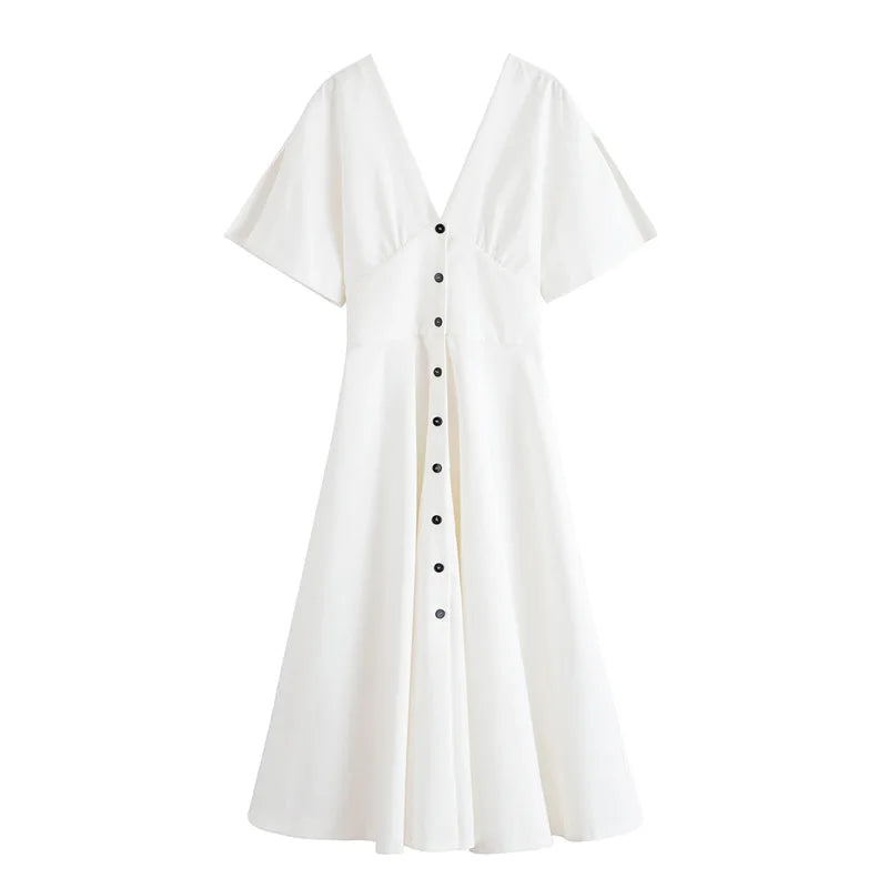 Valerie | Witte midi jurk met knoopsluiting en cape mouwen