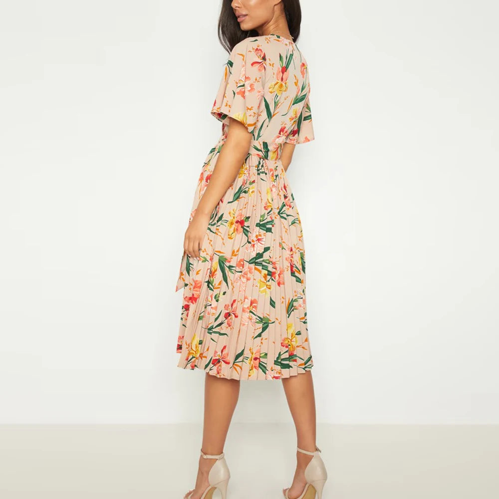 Isabelle | Geplooide midi jurk met bloemenprint
