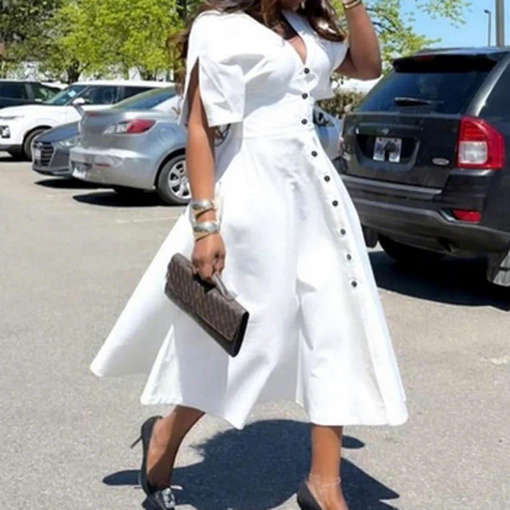 Valerie | Witte midi jurk met knoopsluiting en cape mouwen