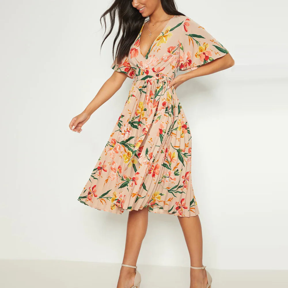 Isabelle | Geplooide midi jurk met bloemenprint